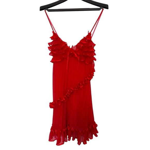 Red Sheer Ruffle Babydoll Slip Dress S Coquette Fairycore Y2K Lingerie Valentine - Picture 2 of 8